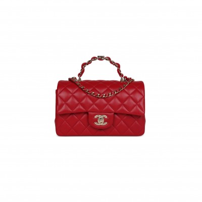 CHANEL MINI RECTANGULAR FLAP WITH TOP HANDLE RED LAMBSKIN LIGHT GOLD HARDWARE (20*12*6cm)